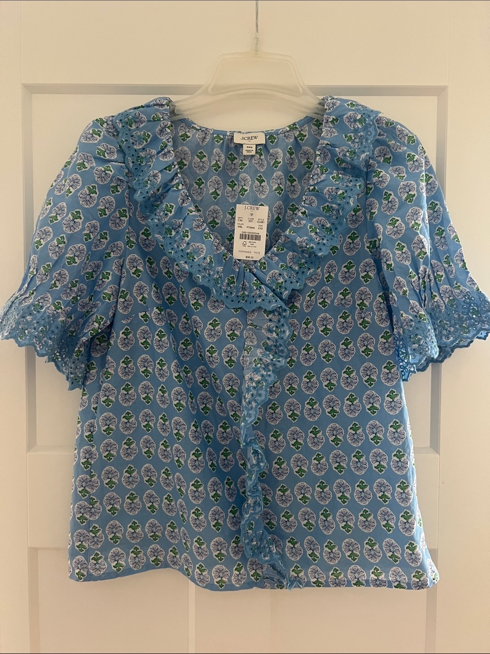 J. Crew 100% Cotton Floral Ruffle-Trim Blouse